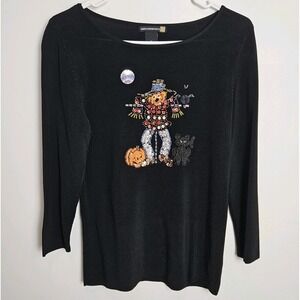 Sweaterworks Size M Embellished Top Knit Beaded 3/4 Sleeve Blouse Scarecrow Fall